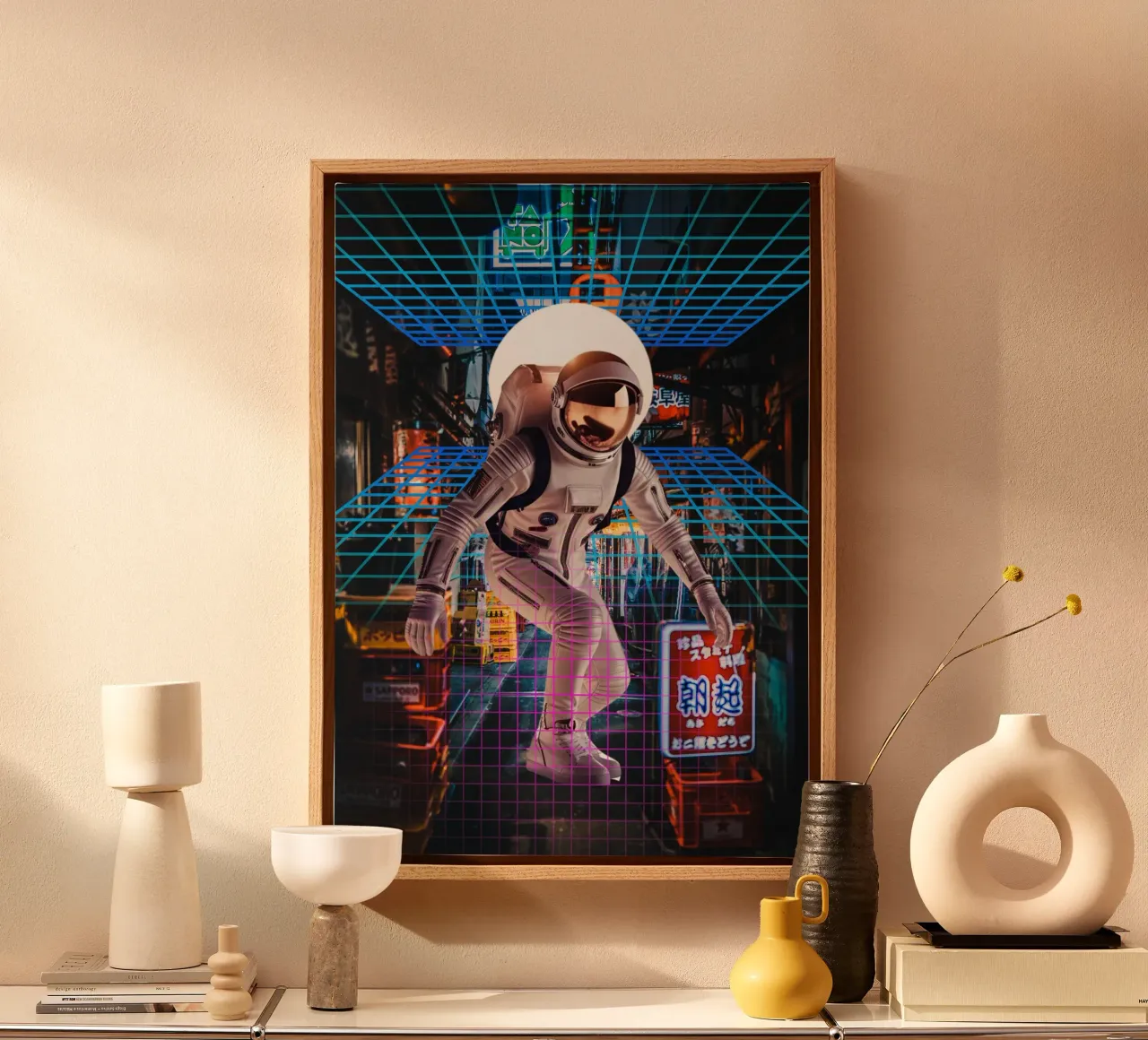 Astronauta a Tokyo con griglia retrò tela con Cornice a cassetta da Berwies Artwork