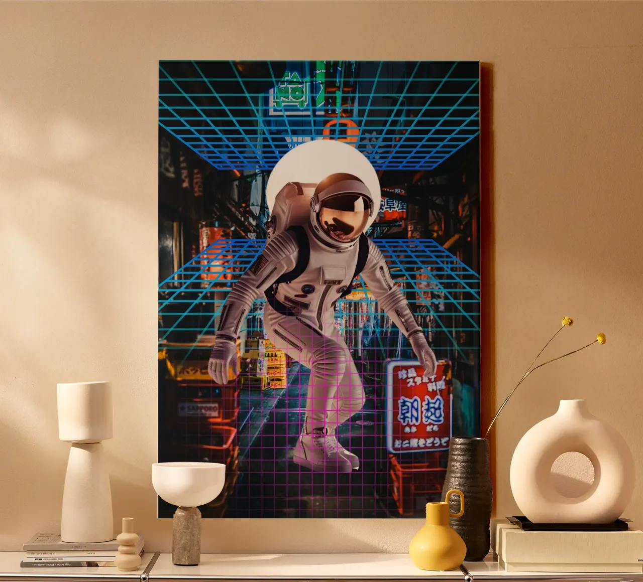 Astronauta a Tokyo con griglia retrò tela con Cornice a cassetta da Berwies Artwork