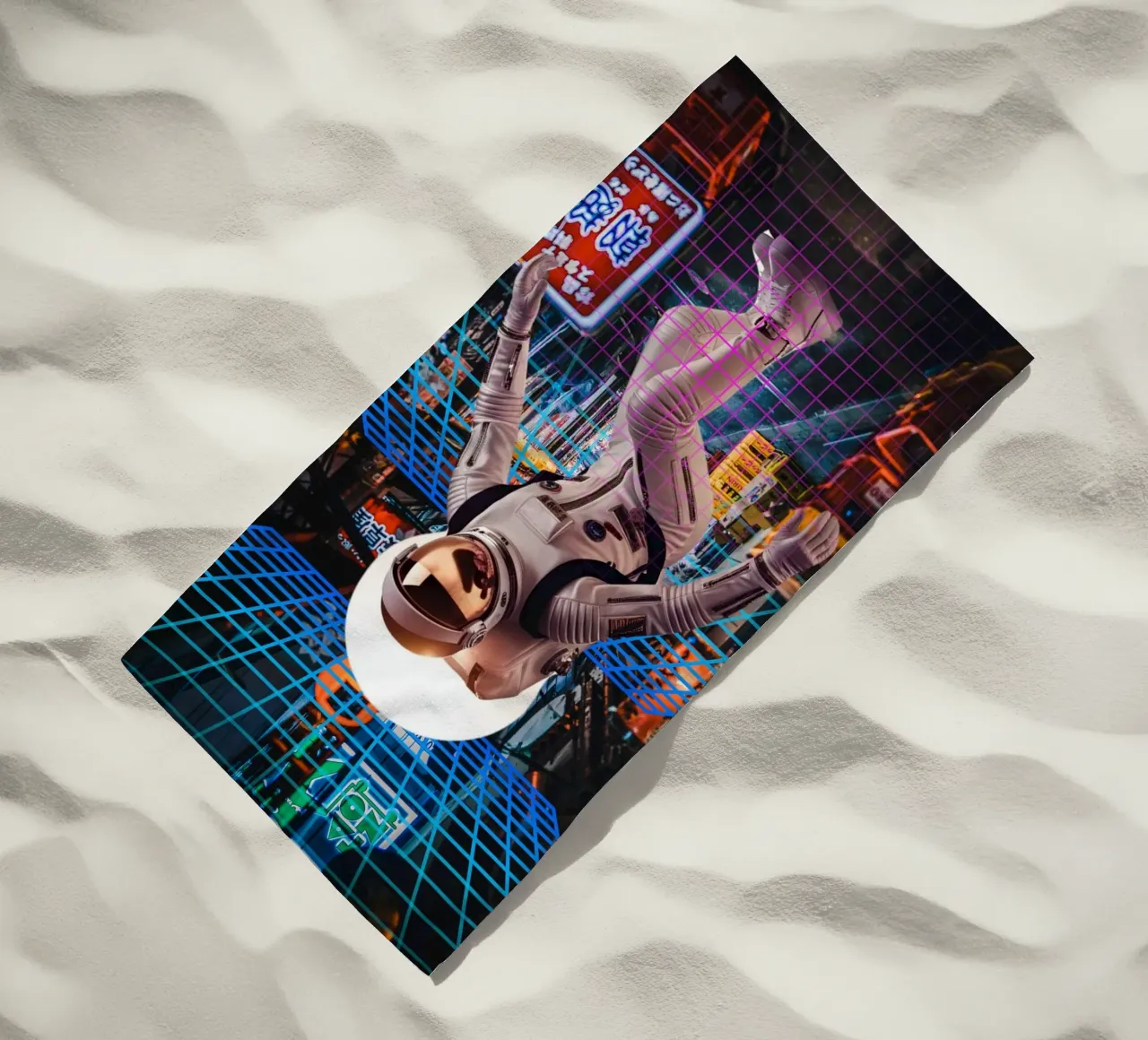 Astronauta en Tokio con Retro Grid toalla de playa de Berwies Artwork