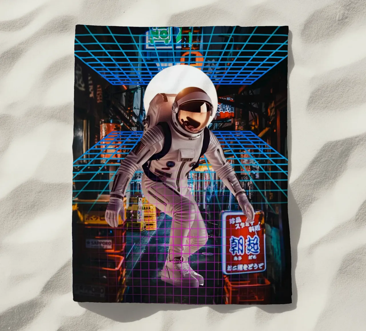 Astronauta en Tokio con Retro Grid toalla de playa de Berwies Artwork