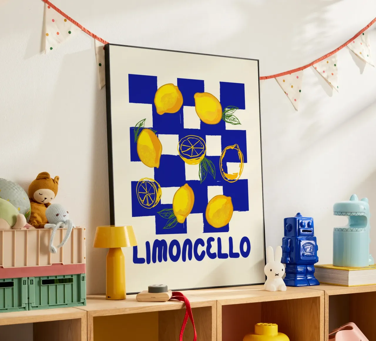 Limoncello Retro Blau Kariert Zitrone Alu-Dibond von EDMPROJECT