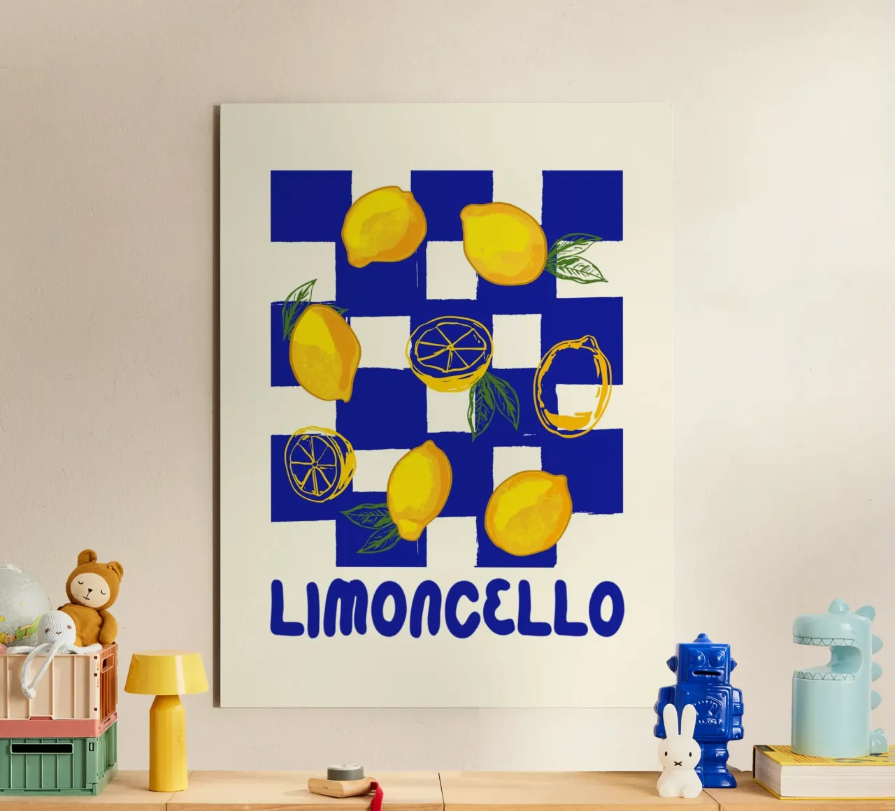 Limoncello Retro Blau Kariert Zitrone Alu-Dibond von EDMPROJECT