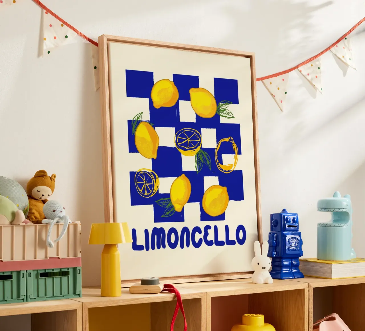 Limoncello Retro Blau Kariert Zitrone Leinwand von EDMPROJECT