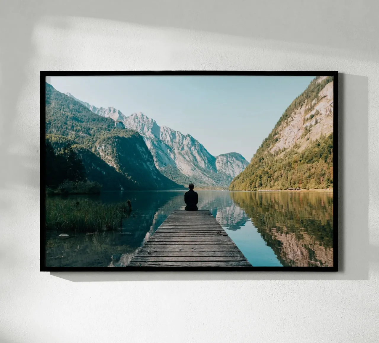 Stillness in the Fjord poster with wooden frame by Wanderlust Vibes