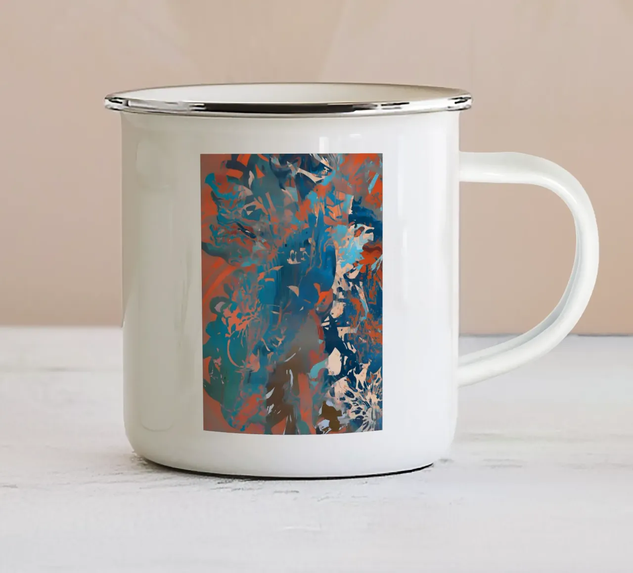 Abstract Trio: Rust, Indigo & Butter enamel mug by 83oranges