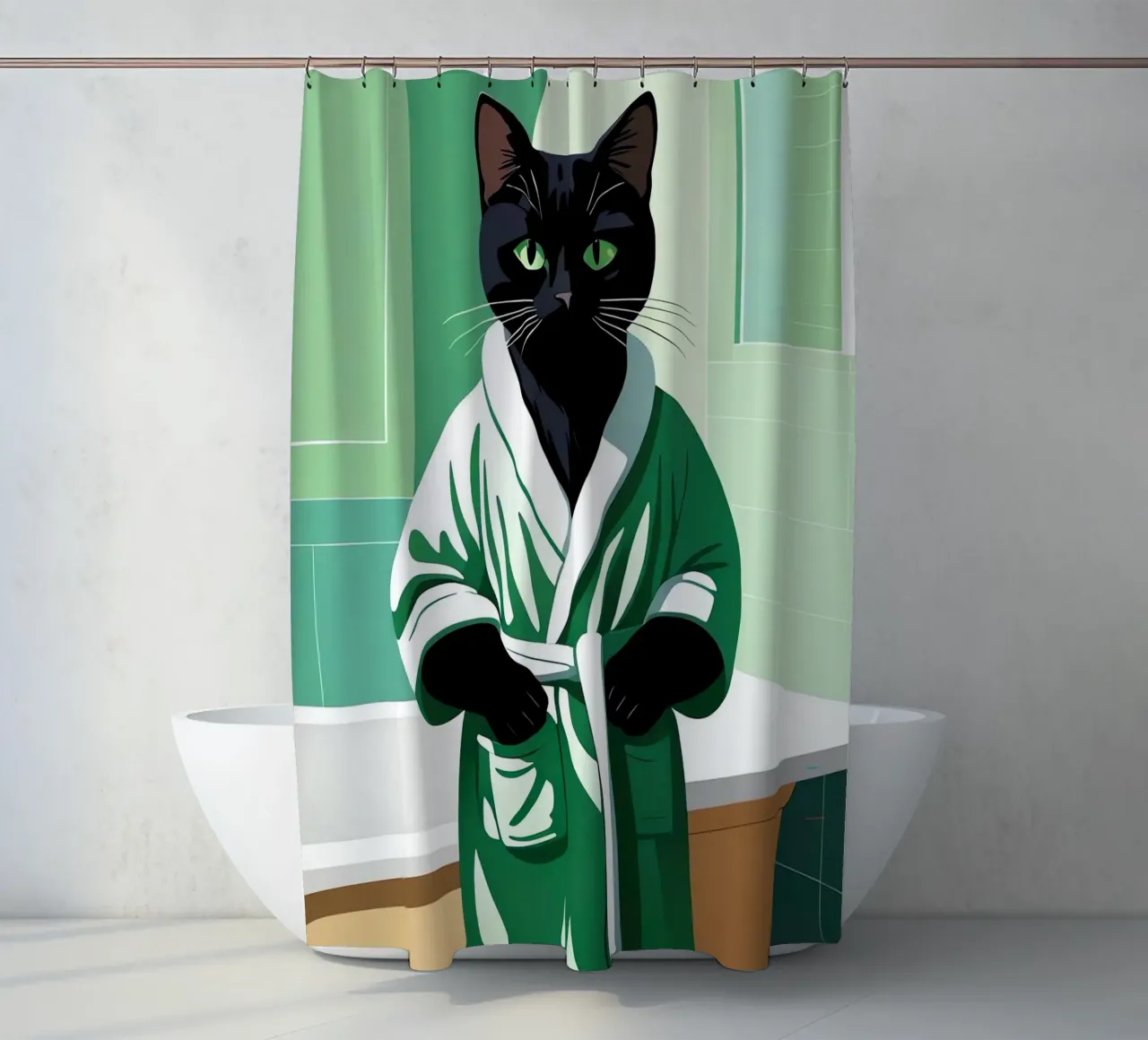 Cute Bathrobe Cat shower curtain by Arjun