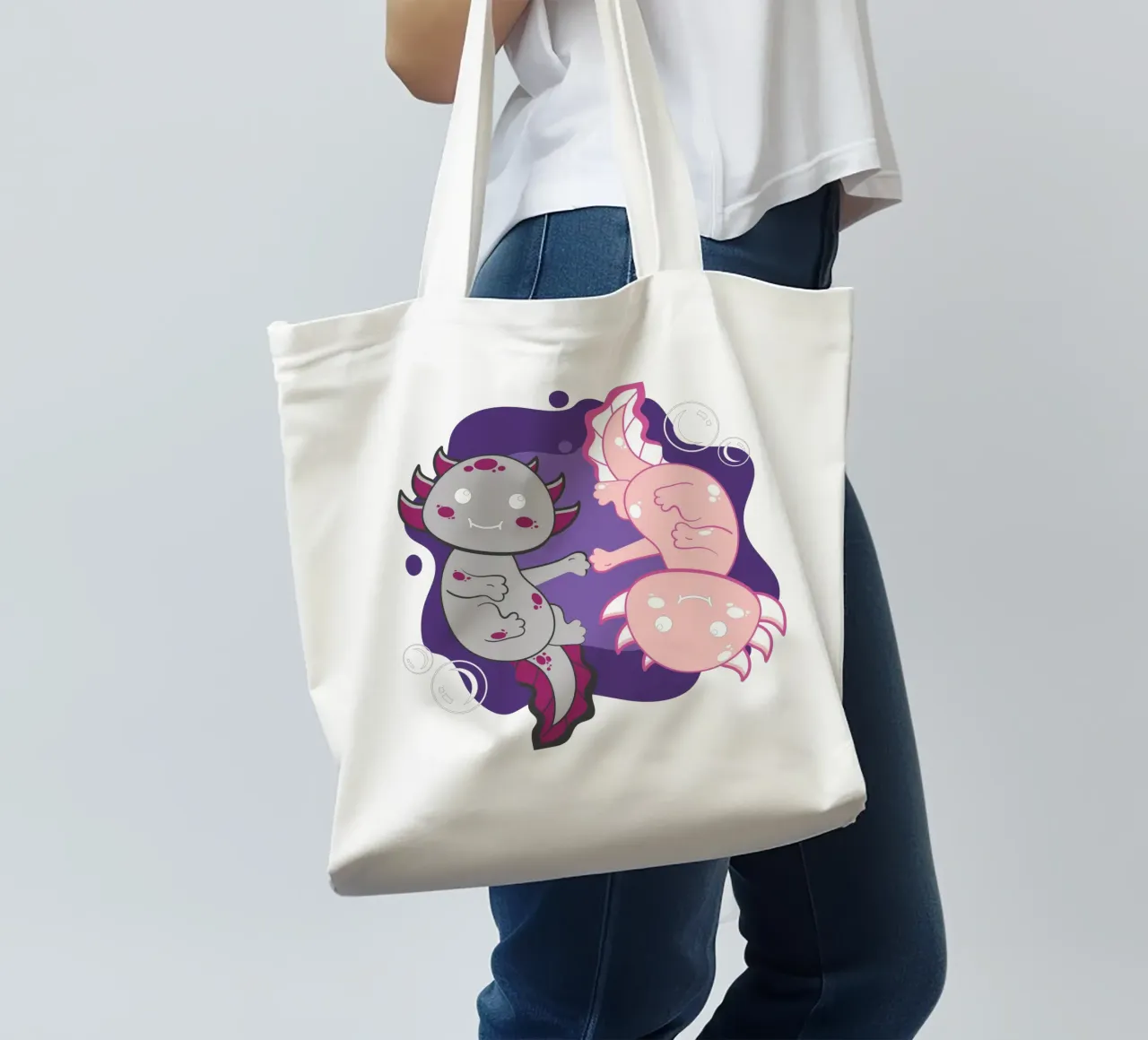 Two cute axolotls borsa in juta da edsonramosart