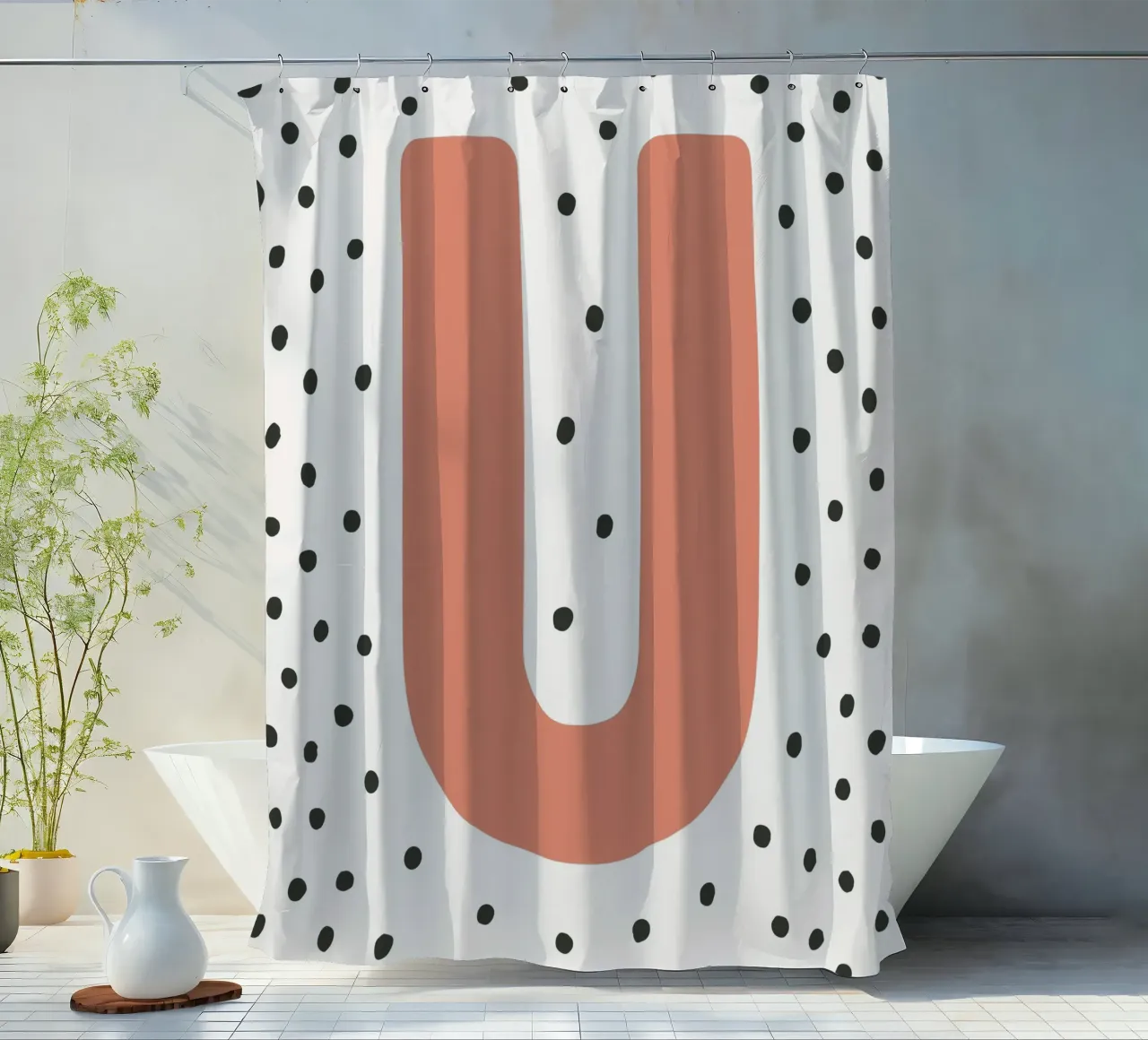 Initial U on dot pattern - Scandinavian style shower curtain by KidzStudio