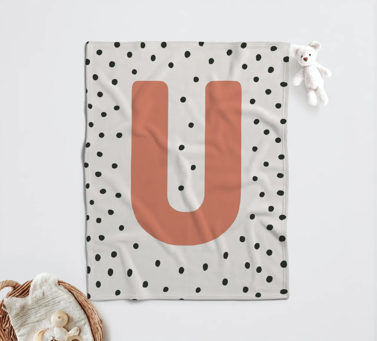 Initial U on dot pattern - Scandinavian style fleece blanket by KidzStudio