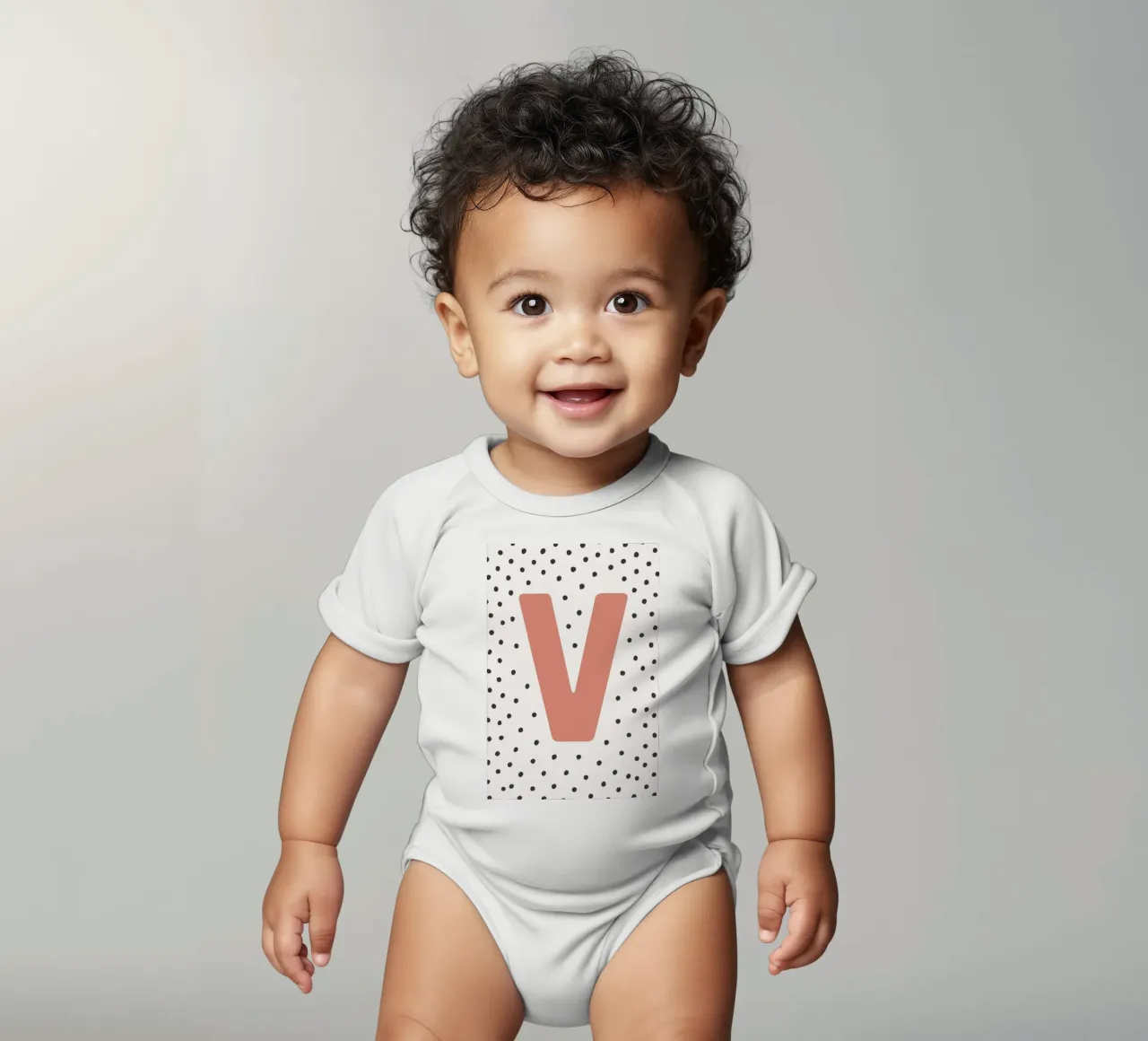 Initial V on dot pattern - Scandinavian style short-sleeve baby romper by KidzStudio