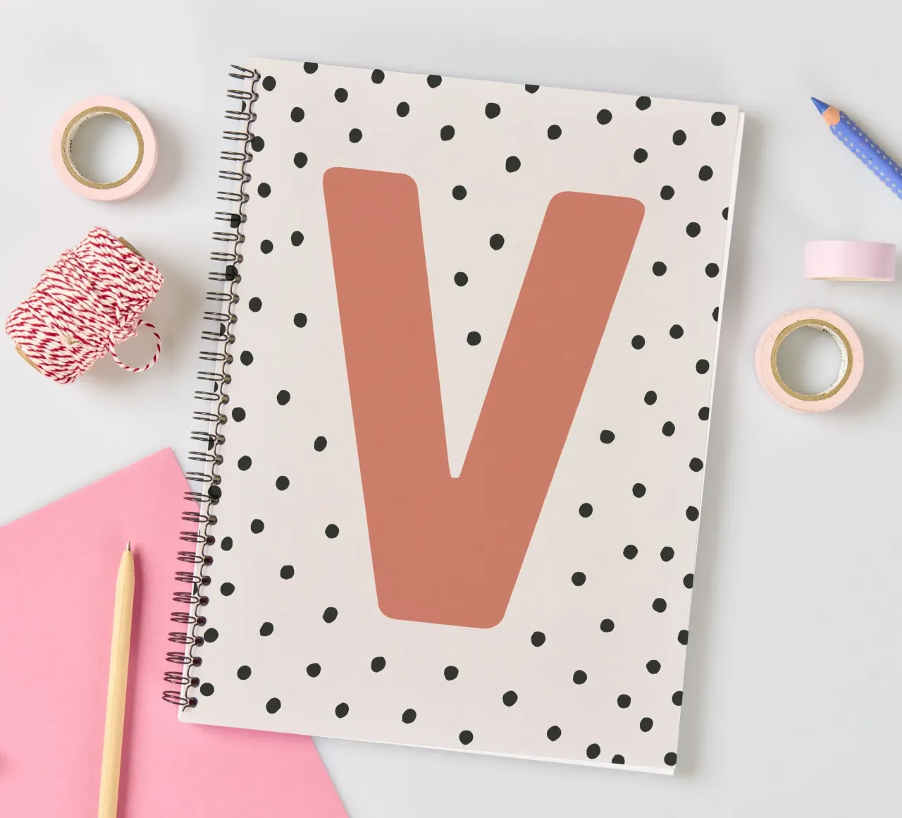 Initial V on dot pattern - Scandinavian style spiral notebook by KidzStudio