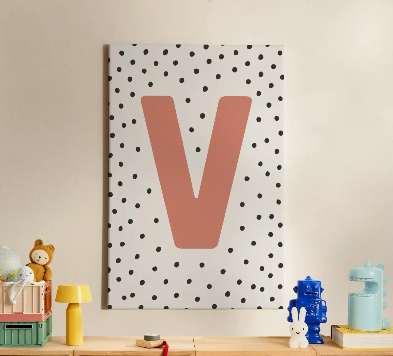 Initial V on dot pattern - Scandinavian style canvas by KidzStudio