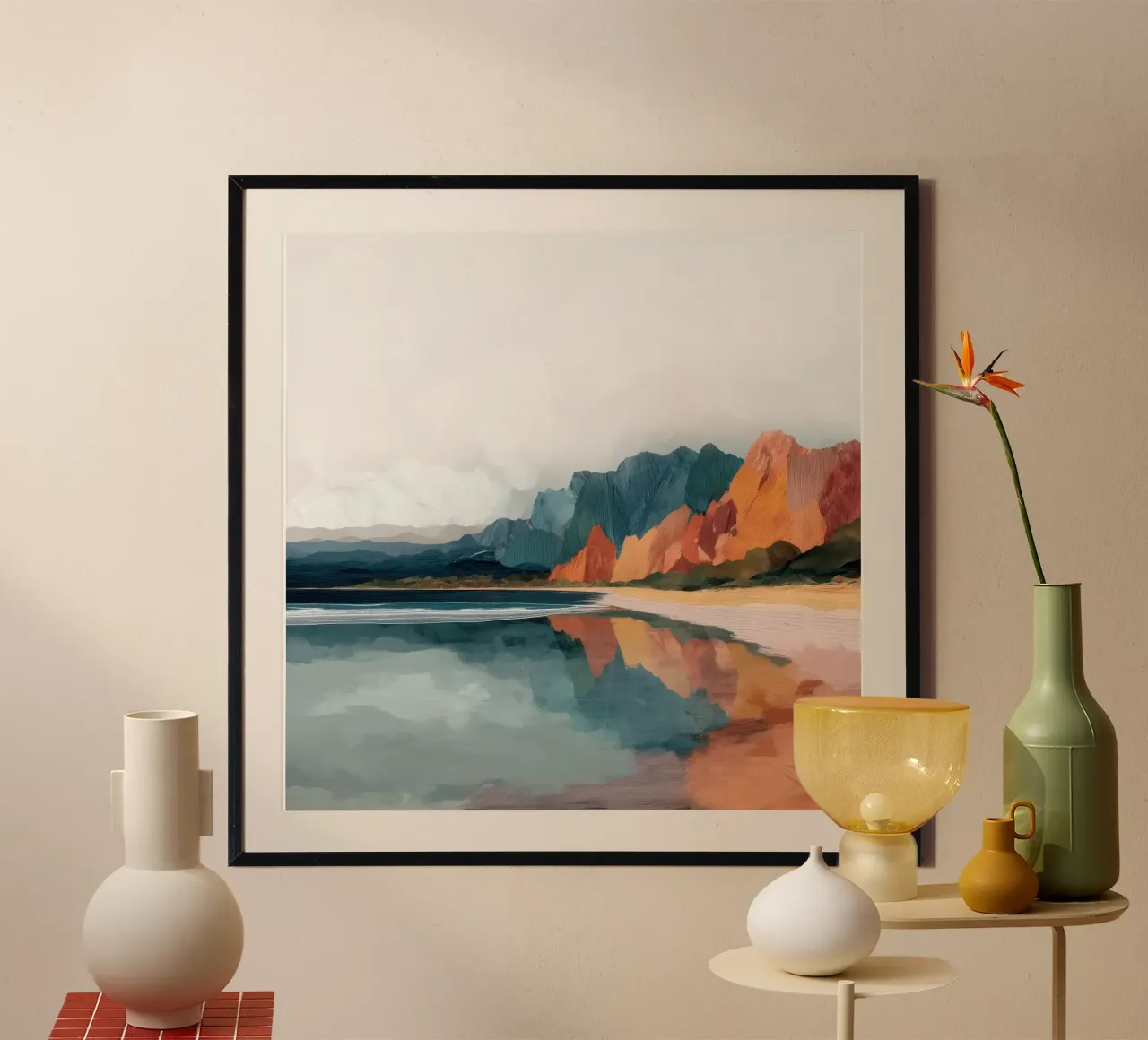 Mirrored Cliffs - A Coastal Symphony in Color poster con telaio in plastica da Dune
