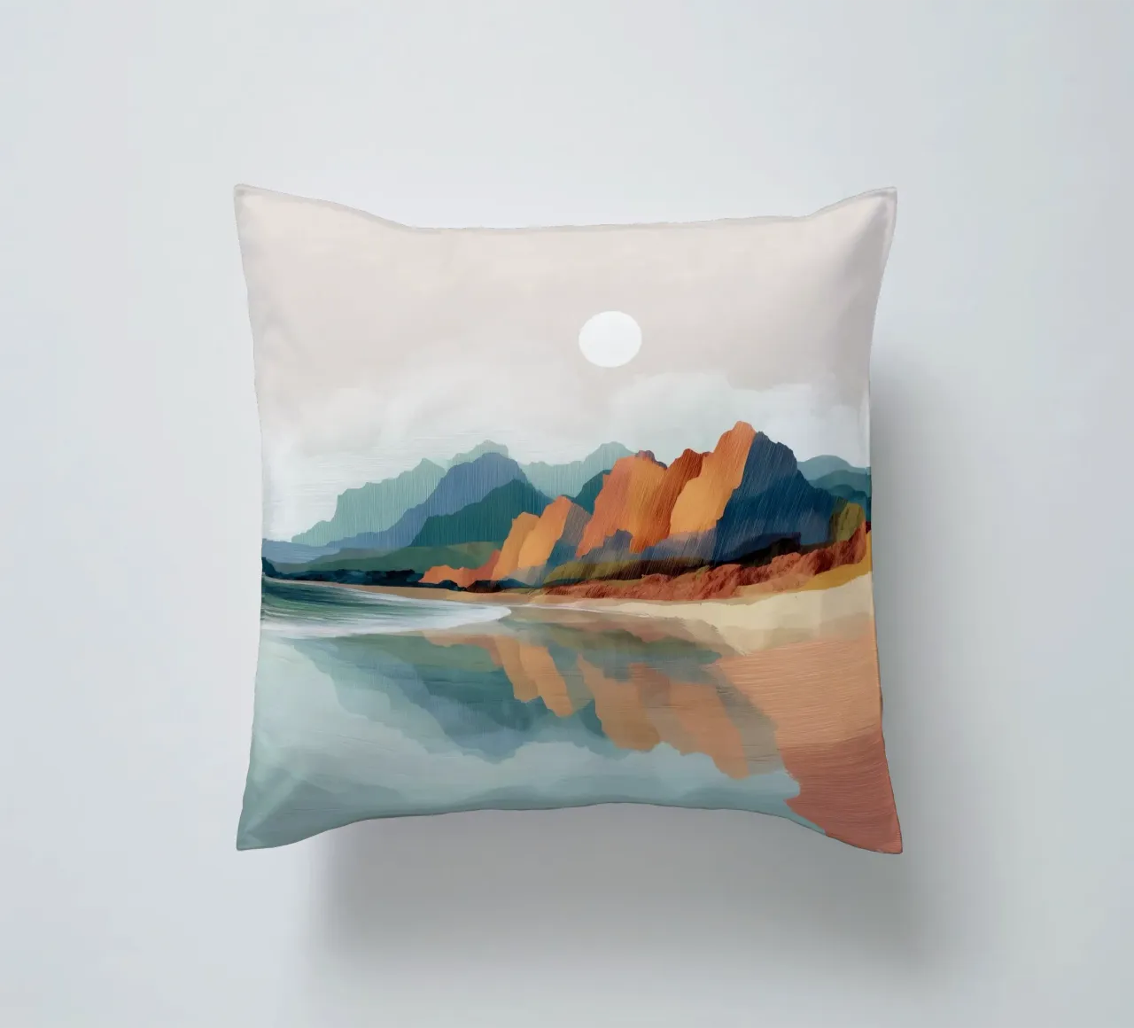 Reflections of Painted Peaks - A Serene Coastal Escape cuscino da Dune