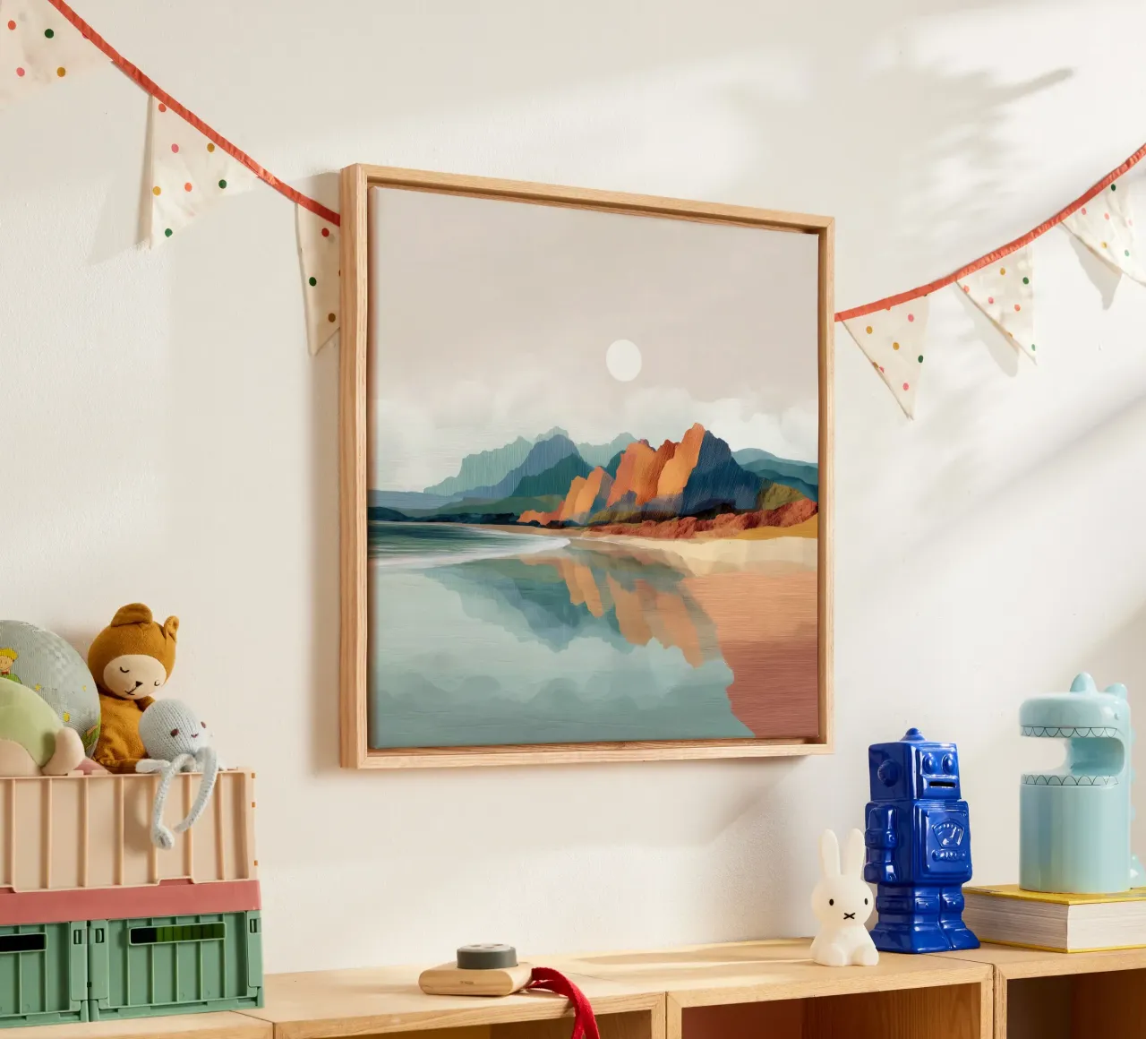 Reflections of Painted Peaks - A Serene Coastal Escape tela con Cornice a cassetta da Dune