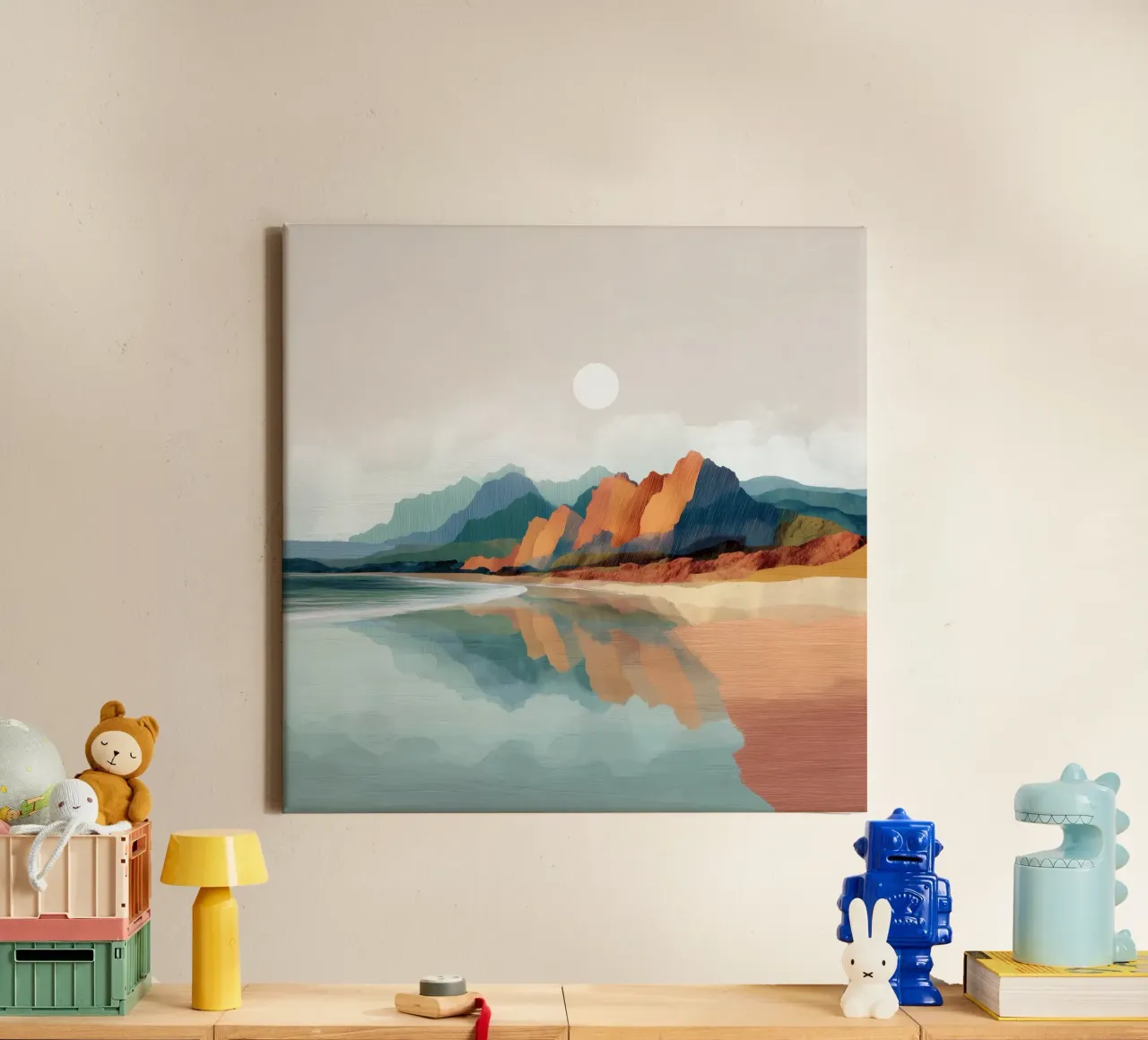 Reflections of Painted Peaks - A Serene Coastal Escape tela con Cornice a cassetta da Dune