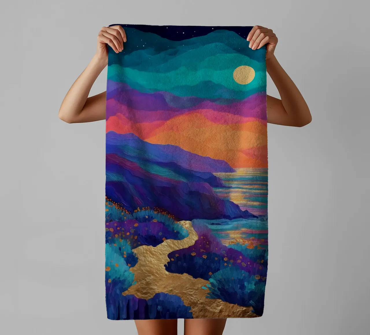 Lunar Bloom - A Dreamscape of Light and Color asciugamano da bagno da Dune