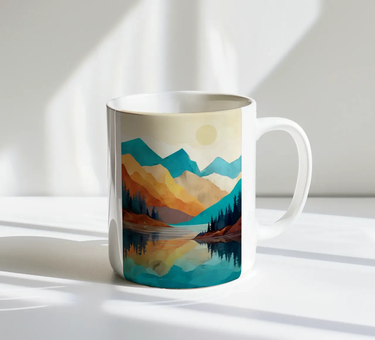 Golden Peaks and Sapphire Waters - A Mountain Reflection tazza in ceramica da Dune
