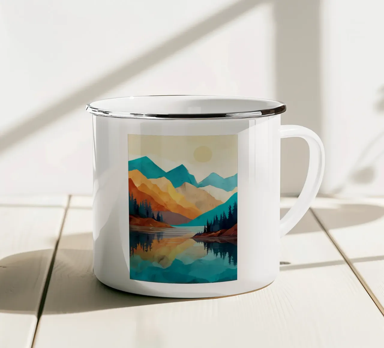 Golden Peaks and Sapphire Waters - A Mountain Reflection tazza in smalto da Dune