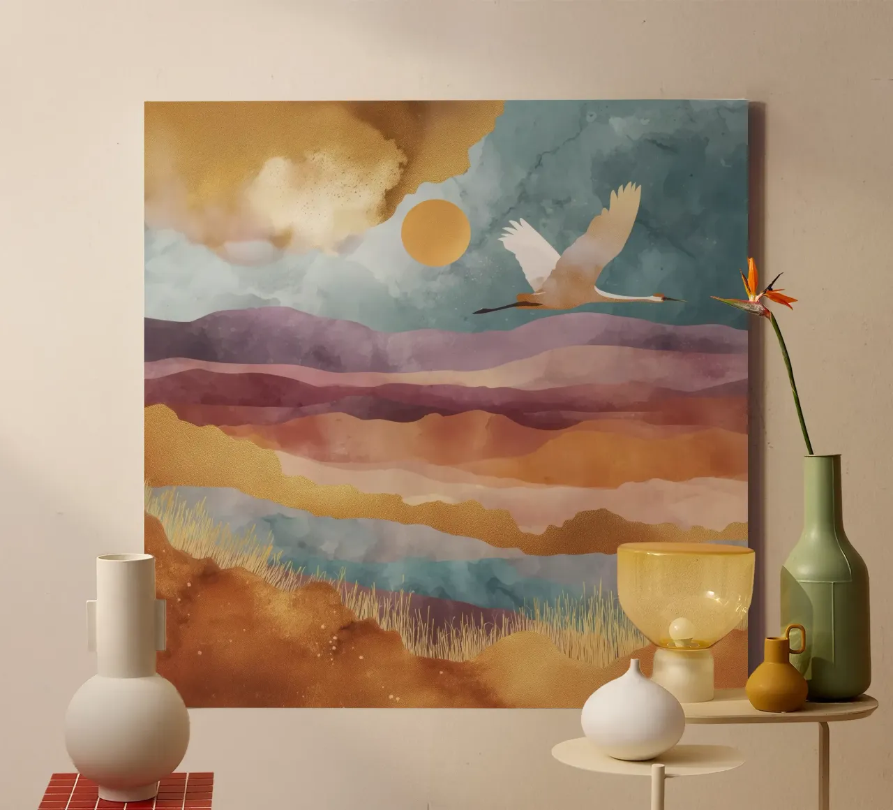 Flight Over Amber Hills - A Crane Flies Through the Sunset canvas met Baklijst van Dune
