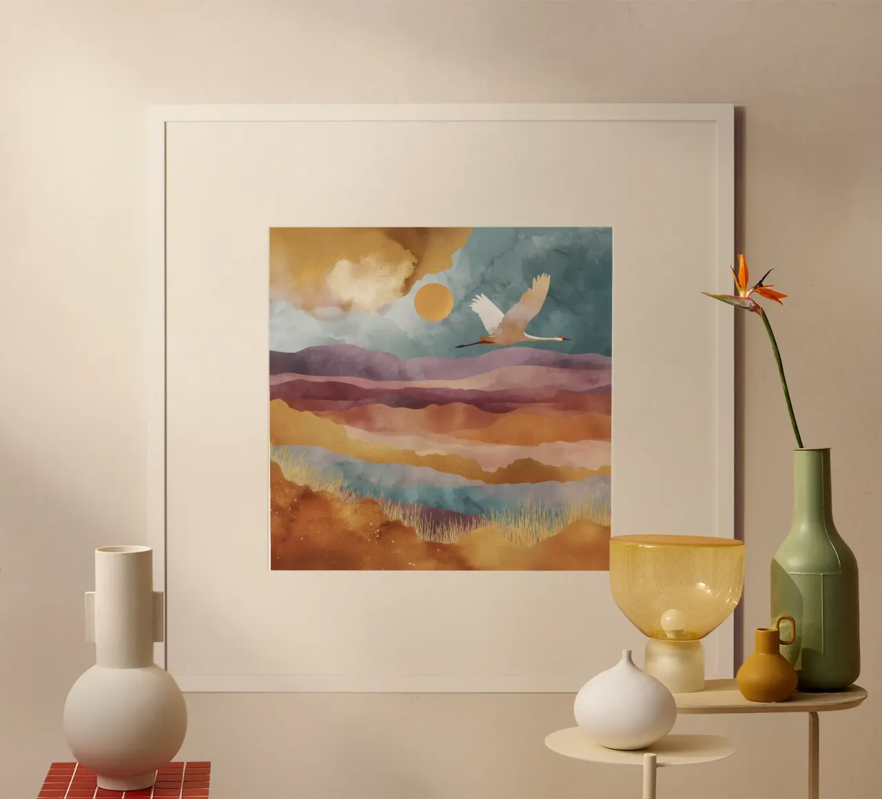 Flight Over Amber Hills - A Crane Flies Through the Sunset poster con telaio in plastica da Dune
