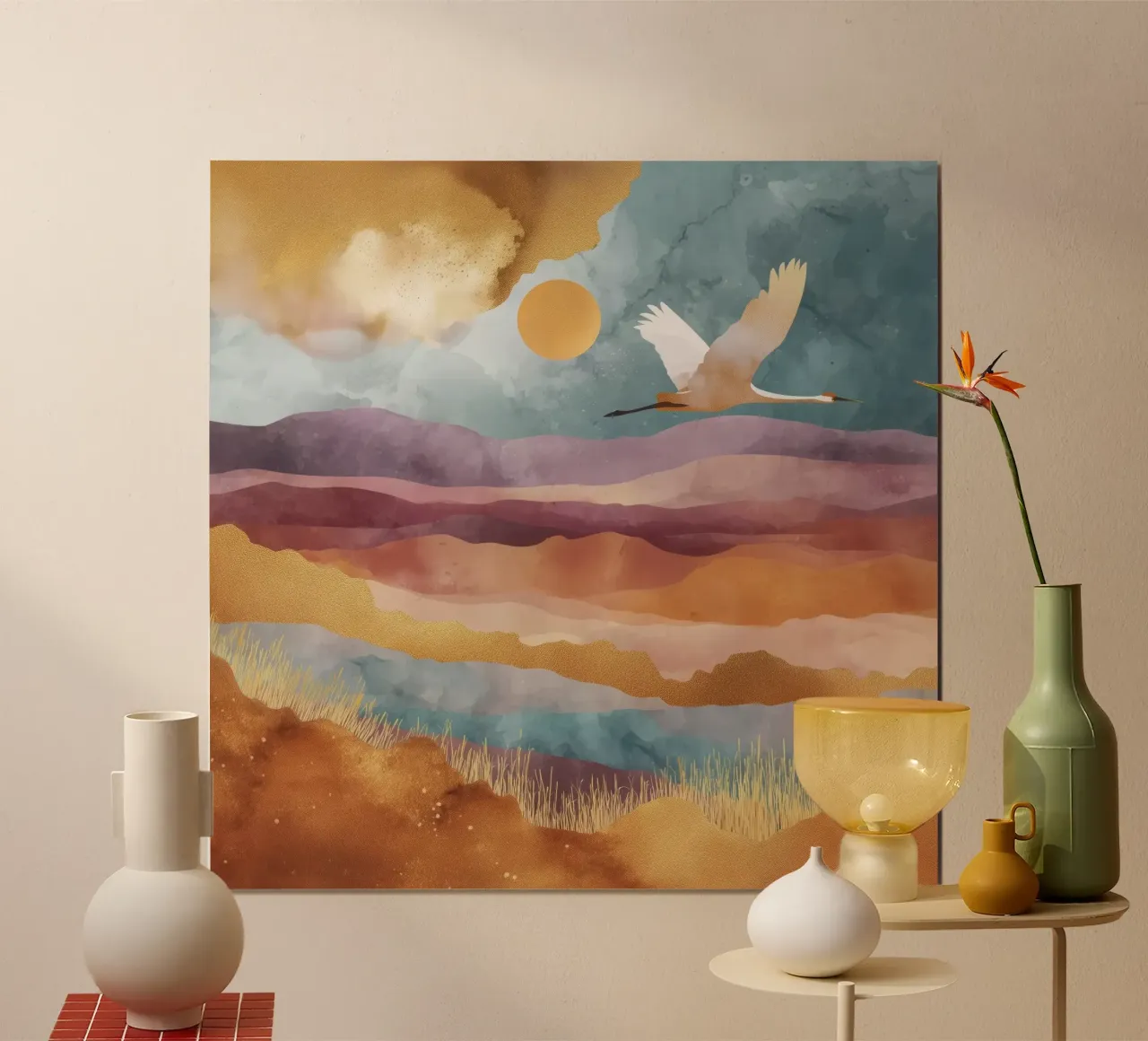 Flight Over Amber Hills - A Crane Flies Through the Sunset poster con telaio in plastica da Dune