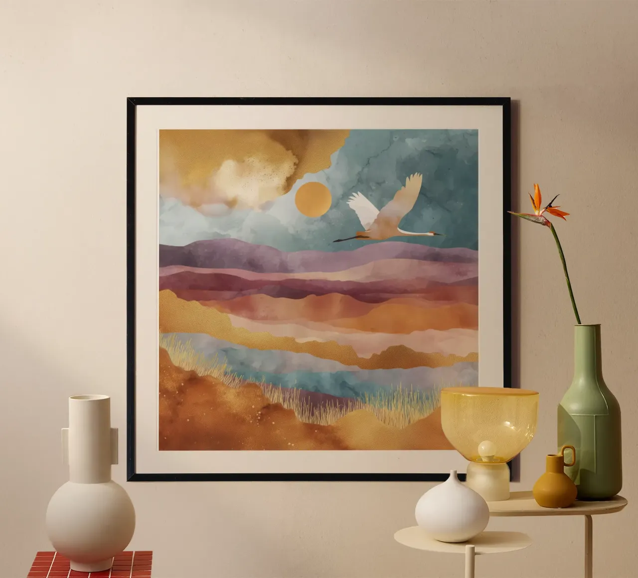 Flight Over Amber Hills - A Crane Flies Through the Sunset poster con telaio in plastica da Dune