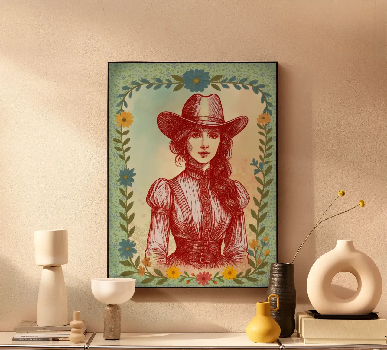 Beauty of the frontier - vintage cowgirl Illustration forex plate by Taika Tori Art