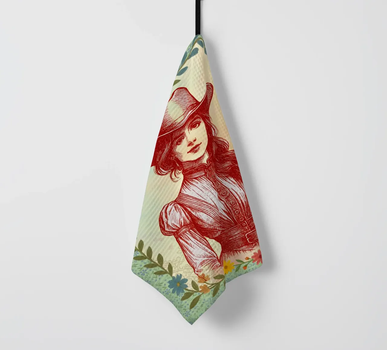 Beauty of the frontier - vintage cowgirl Illustration tea towel by Taika Tori Art