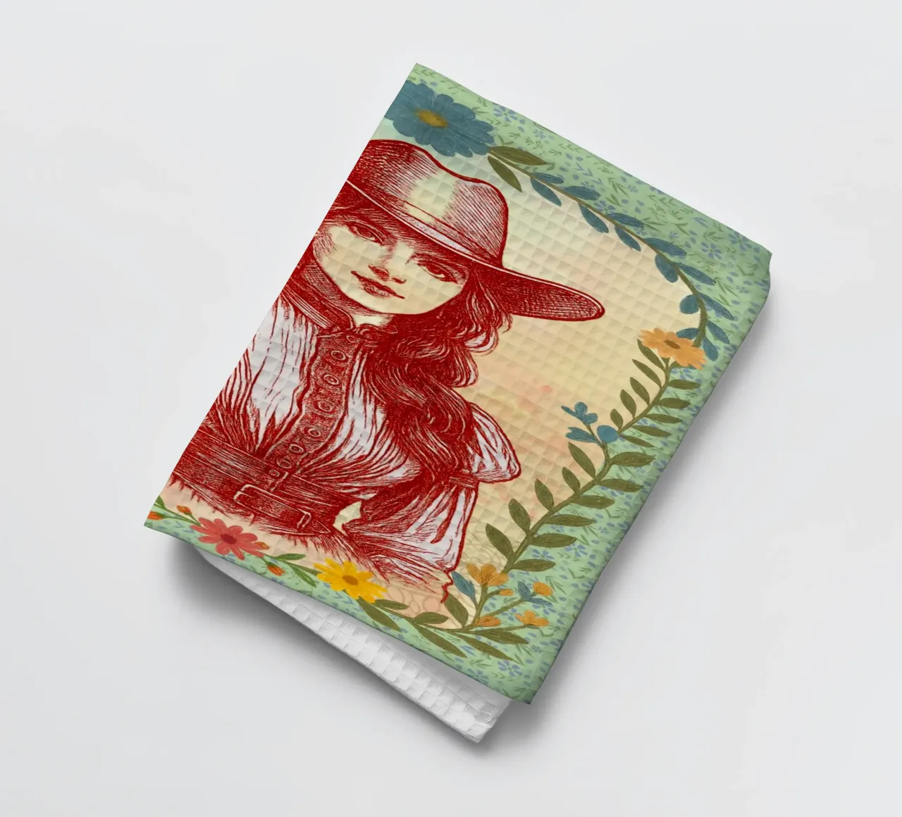 Beauty of the frontier - vintage cowgirl Illustration tea towel by Taika Tori Art