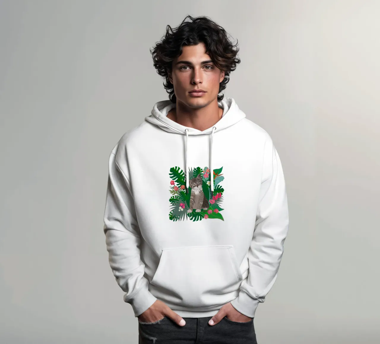 Cute cat and tropical flowers hoodie by gulsengunel