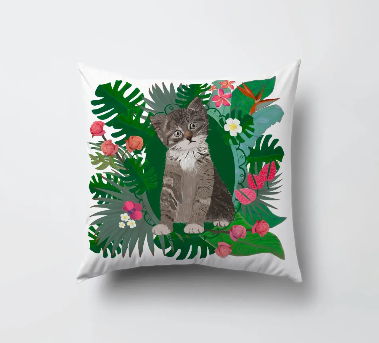 Cute cat and tropical flowers decorative cushion by gulsengunel