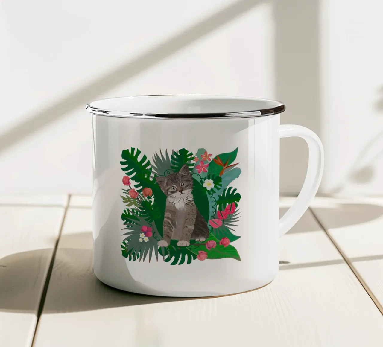 Gatto carino e fiori tropicali tazza in smalto da gulsengunel