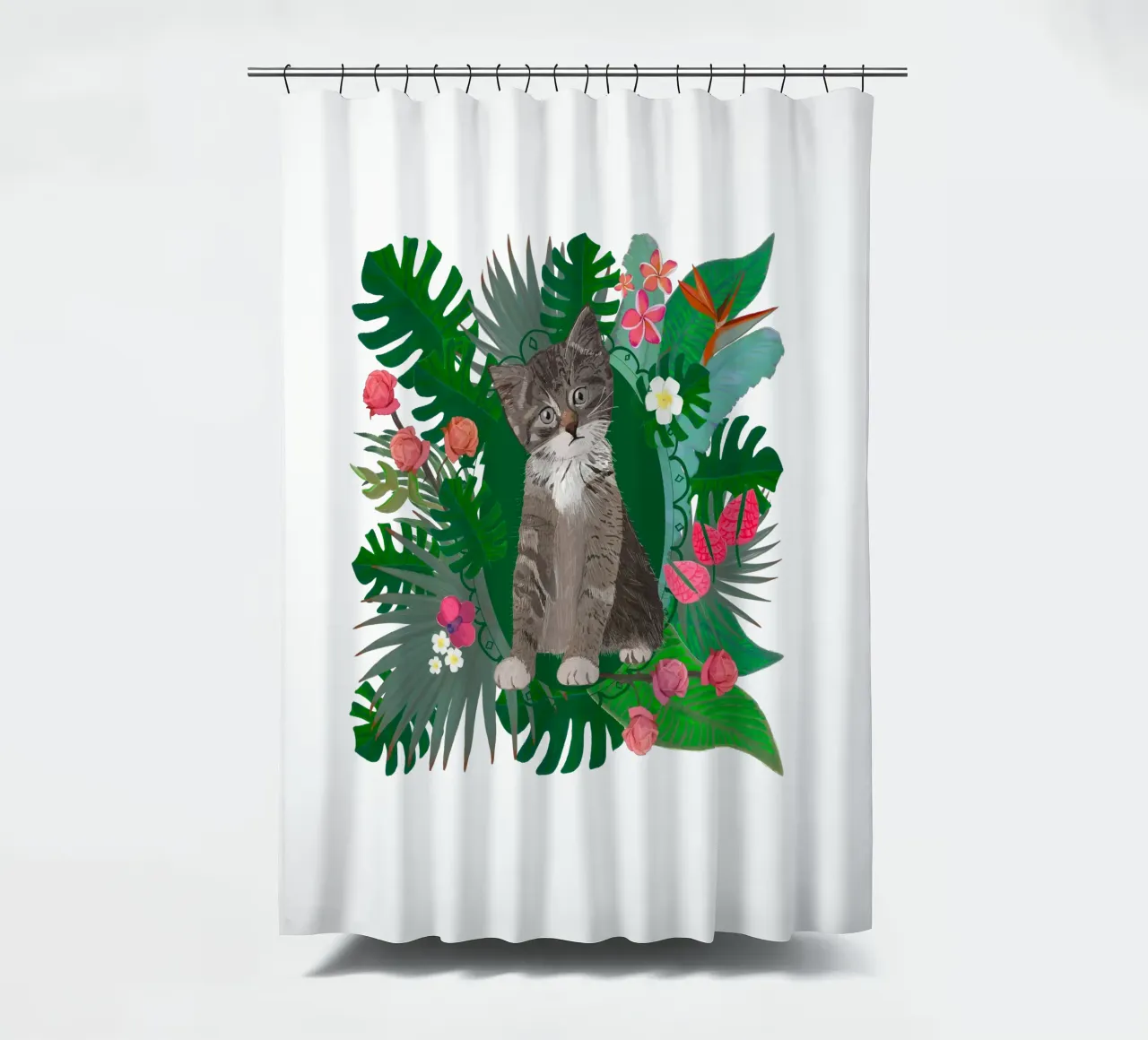 Cute cat and tropical flowers shower curtain by gulsengunel