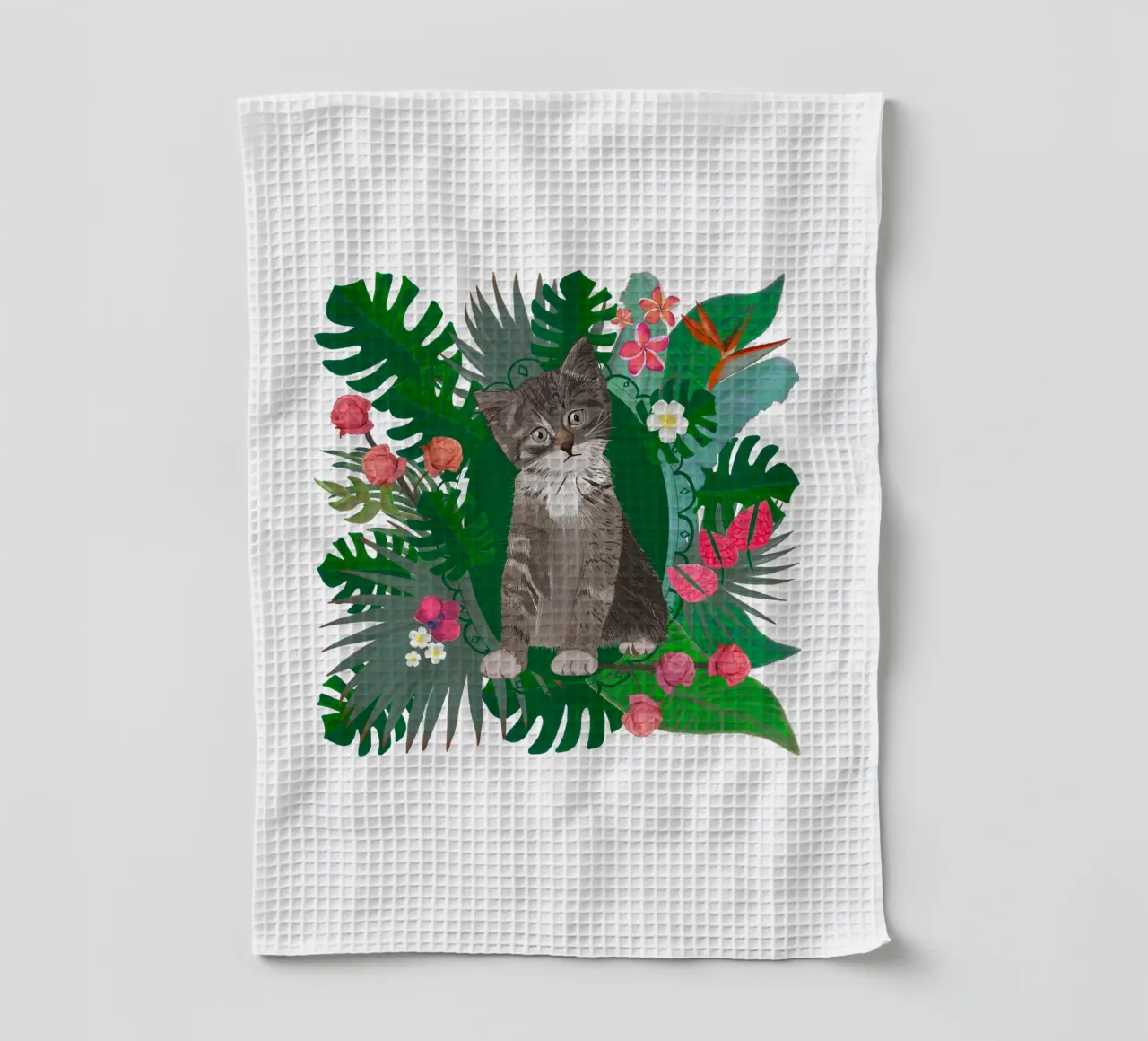 Chat mignon et fleurs tropicales torchon de gulsengunel