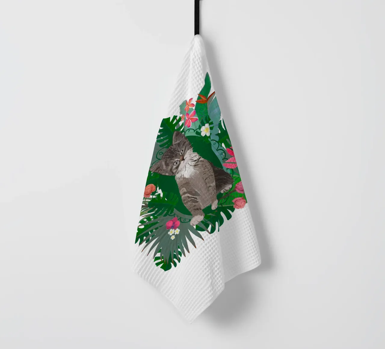 Chat mignon et fleurs tropicales torchon de gulsengunel