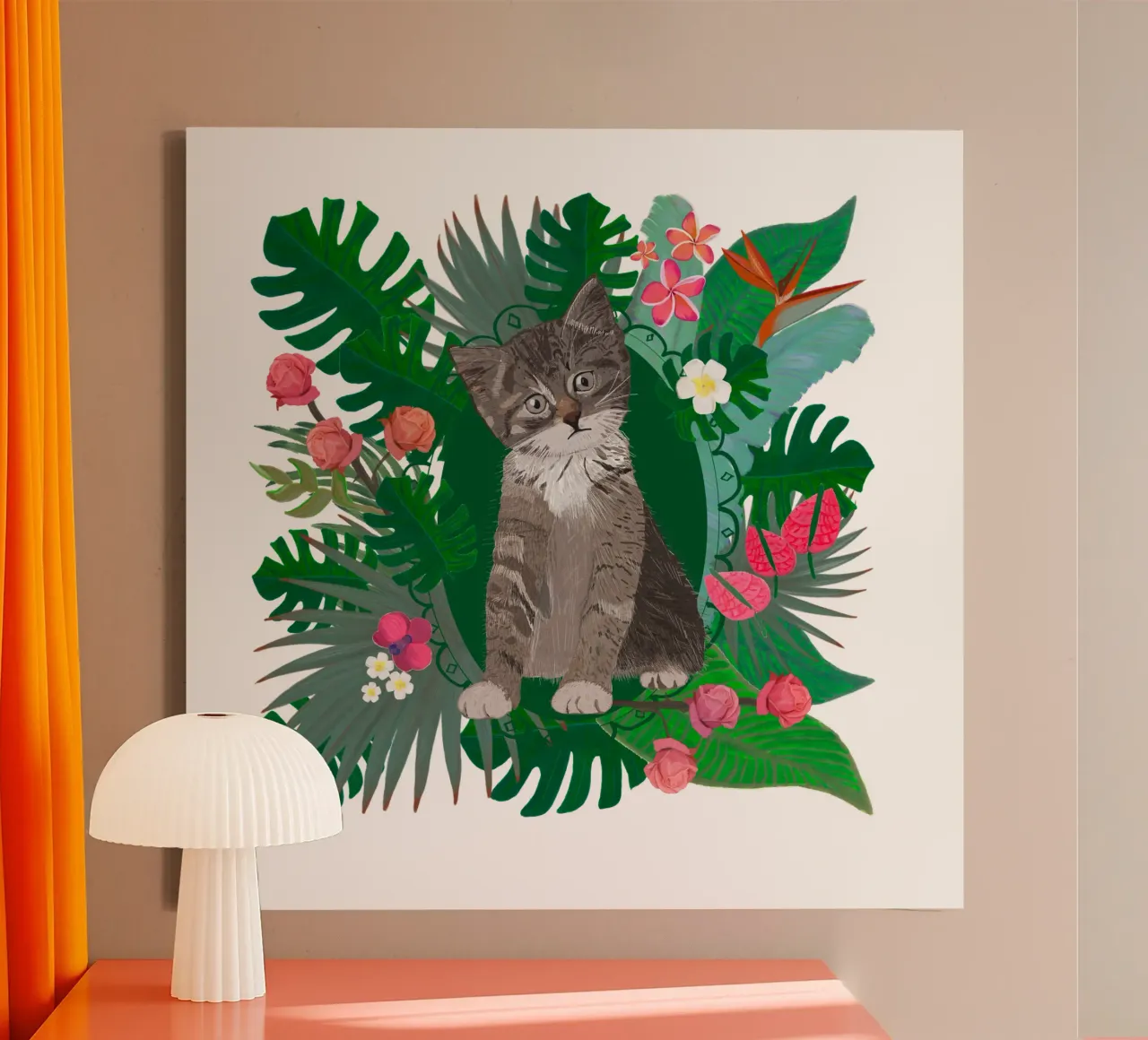 Cute cat and tropical flowers canvas by gulsengunel
