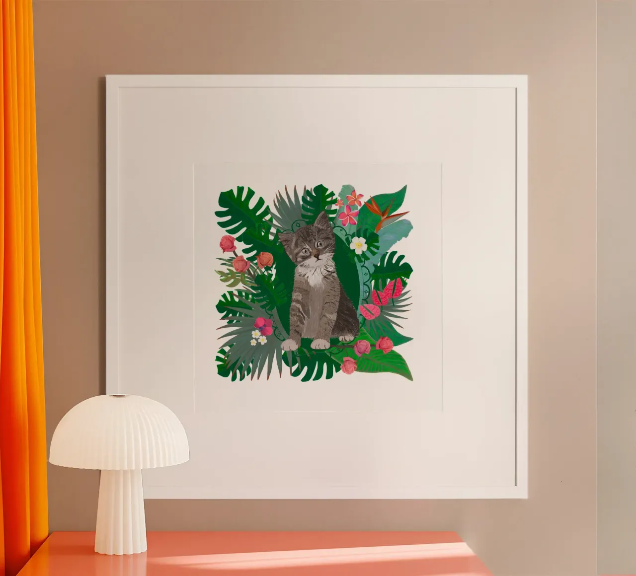 Gatto carino e fiori tropicali carta hahnemühle da gulsengunel