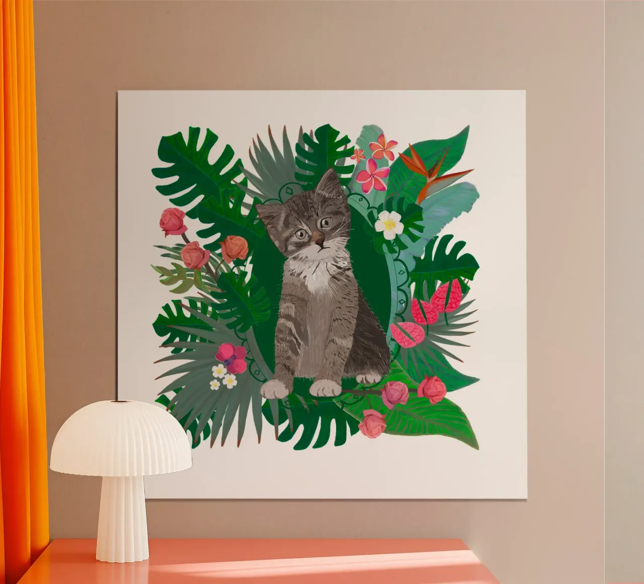 Gatto carino e fiori tropicali carta hahnemühle da gulsengunel