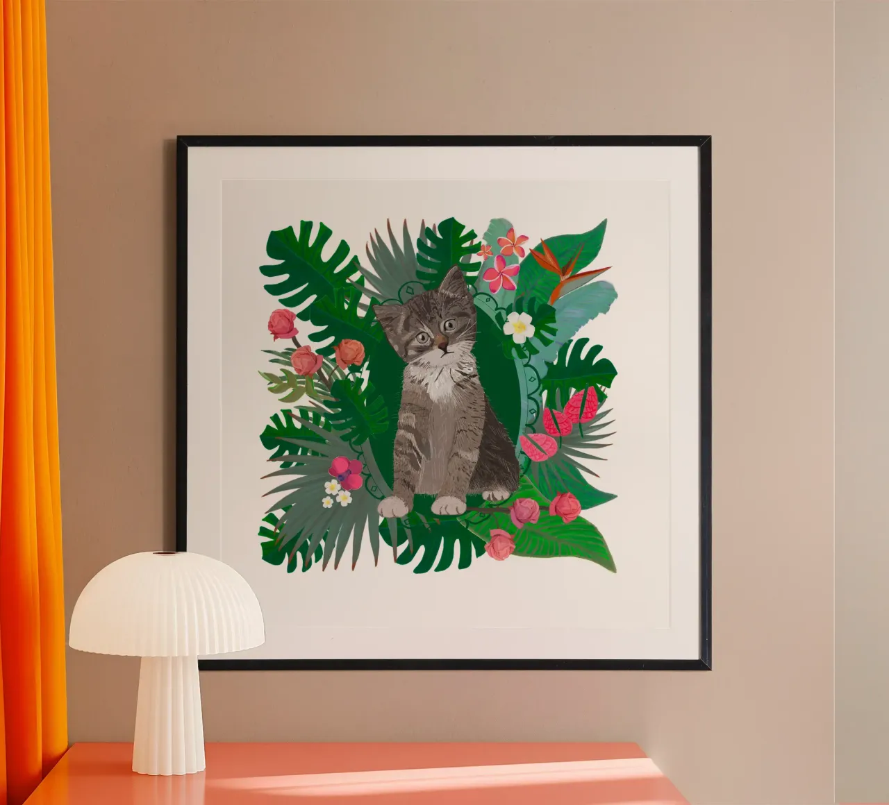 Gatto carino e fiori tropicali carta hahnemühle da gulsengunel