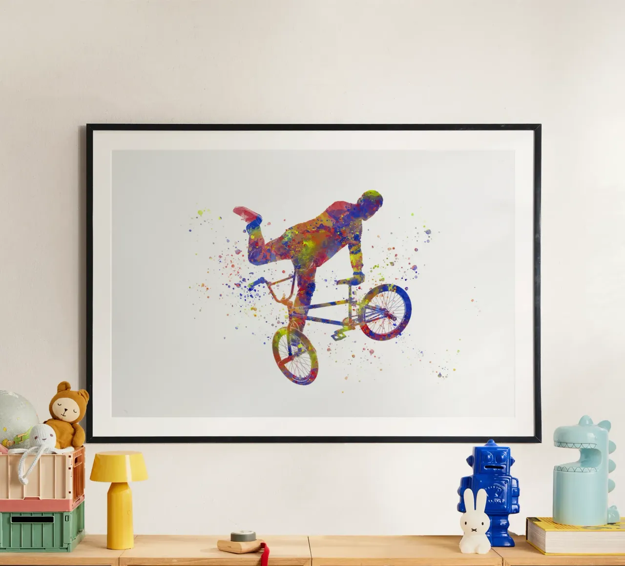 Ciclista BMX in acquerello poster con telaio in legno da ⚽ Sports Pulse