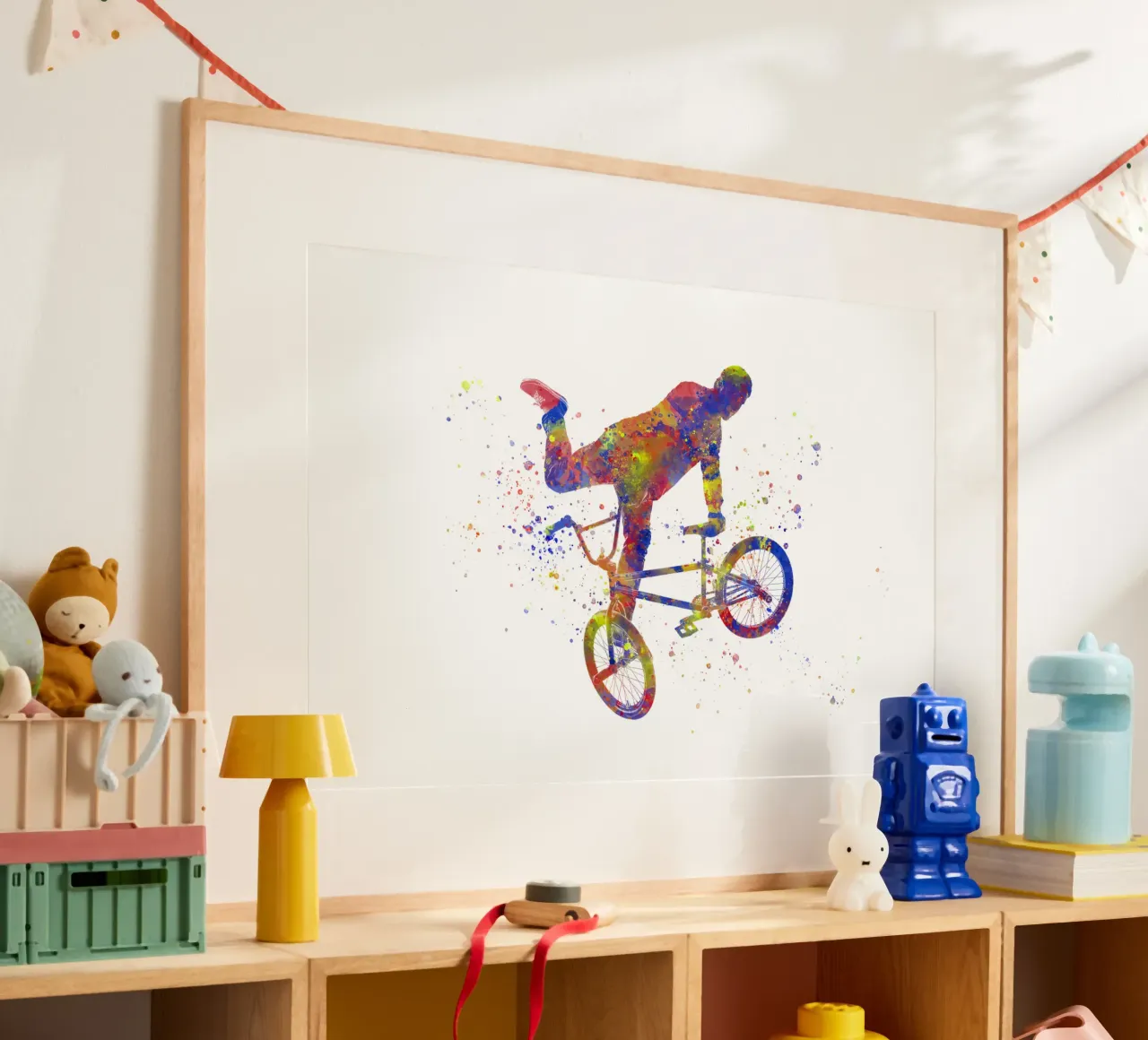 Ciclista BMX in acquerello poster con telaio in legno da ⚽ Sports Pulse