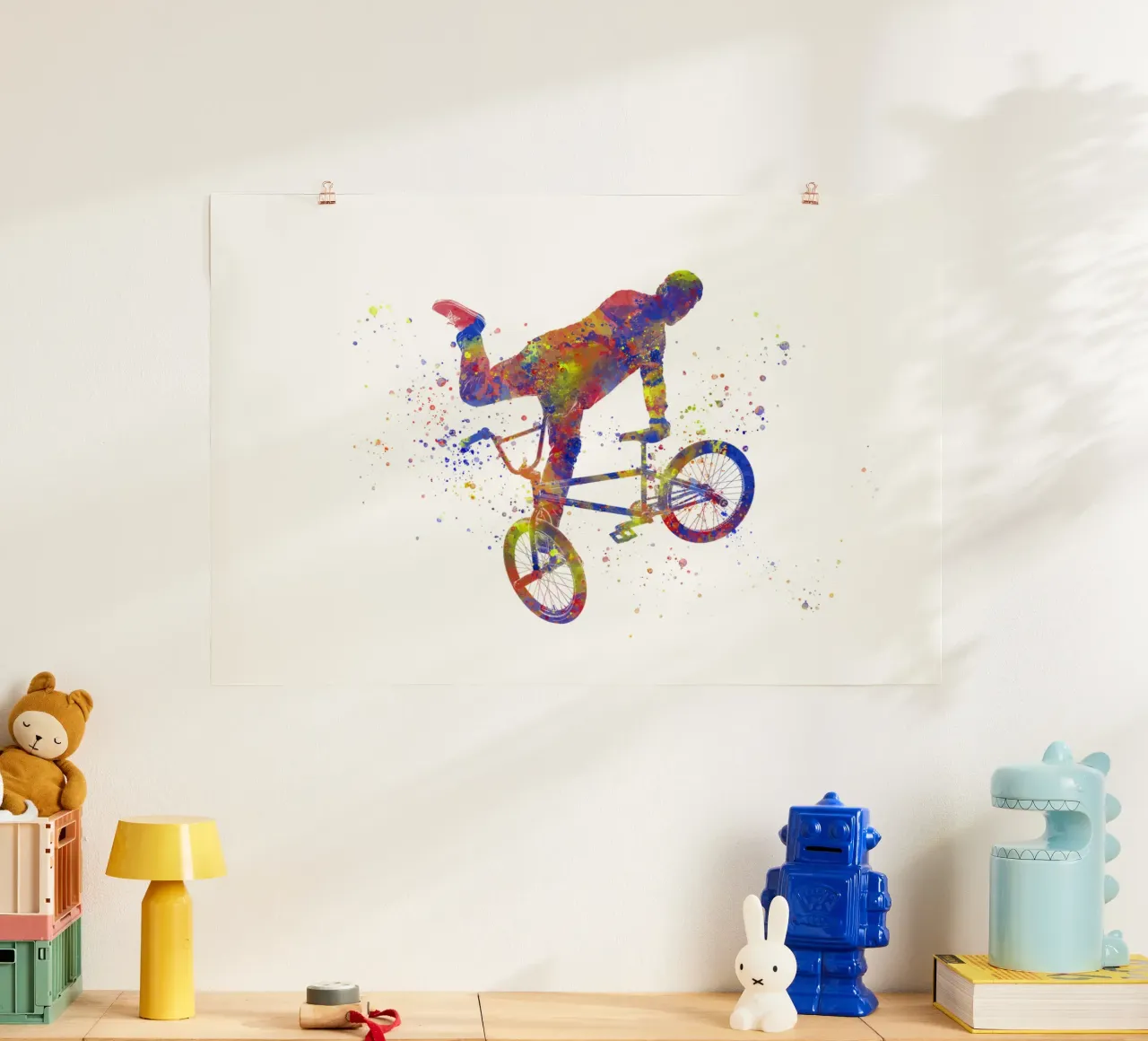 Ciclista BMX in acquerello poster con telaio in legno da ⚽ Sports Pulse