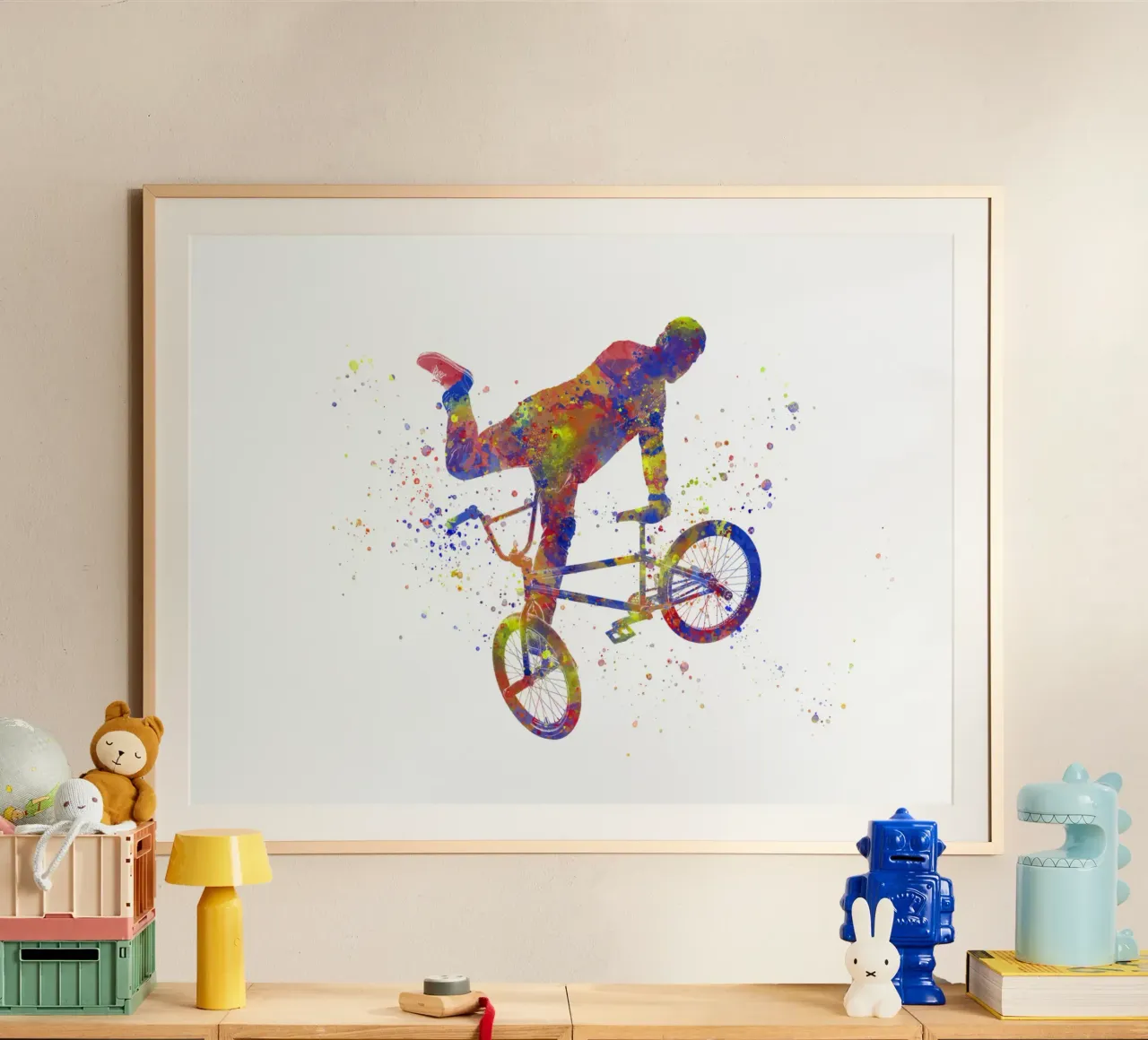 Ciclista BMX in acquerello poster con telaio in legno da ⚽ Sports Pulse