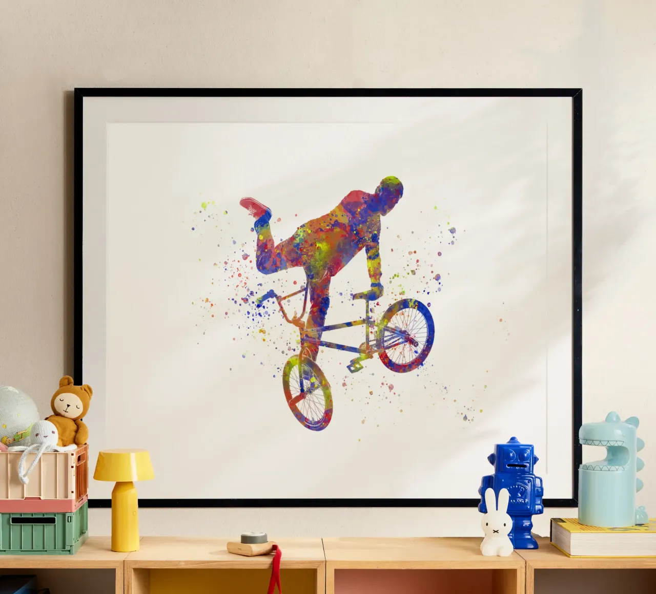 Ciclista BMX in acquerello poster con telaio in legno da ⚽ Sports Pulse