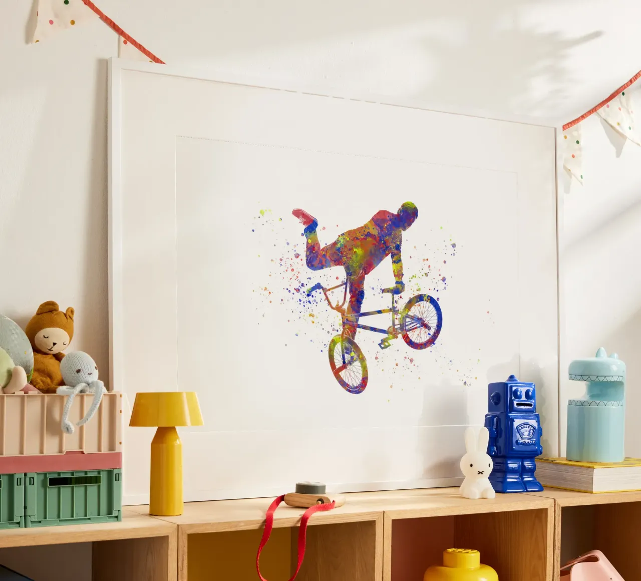 Ciclista BMX in acquerello poster con telaio in legno da ⚽ Sports Pulse