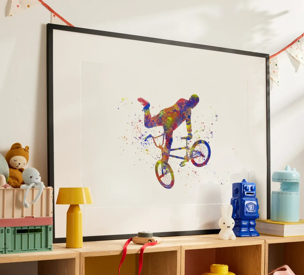 Ciclista BMX in acquerello poster con telaio in legno da ⚽ Sports Pulse