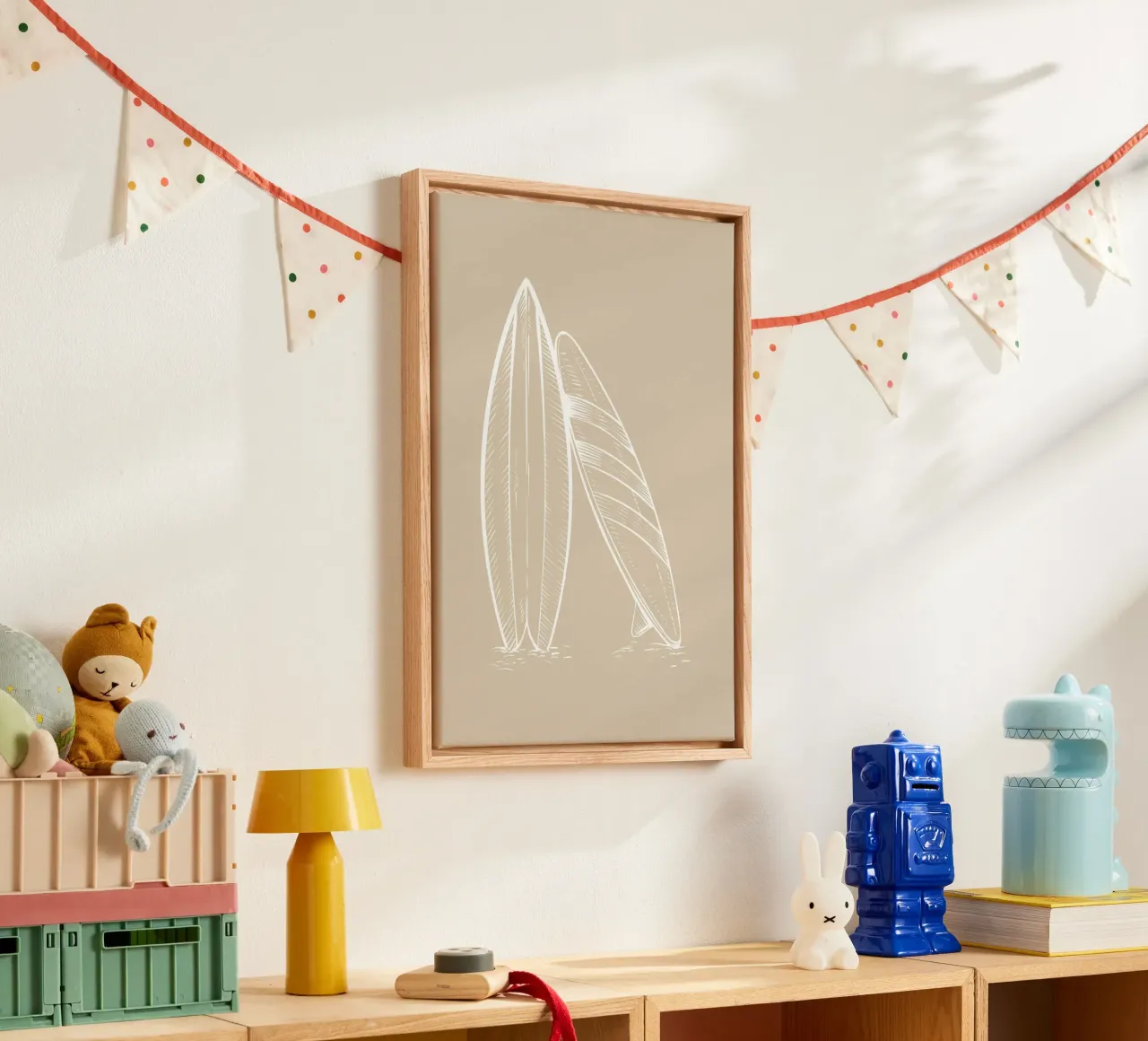 Surfboard Strand Kunst Boho Beige Poster canvas met Baklijst van dawnthesea
