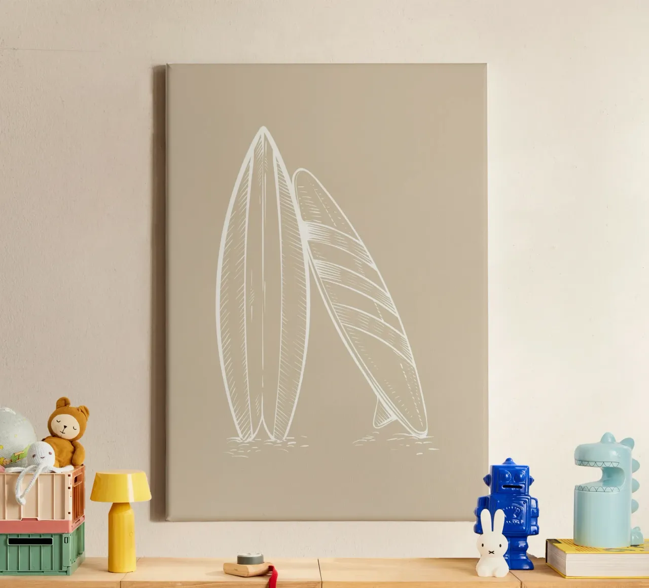 Surfboard Strand Kunst Boho Beige Poster canvas met Baklijst van dawnthesea