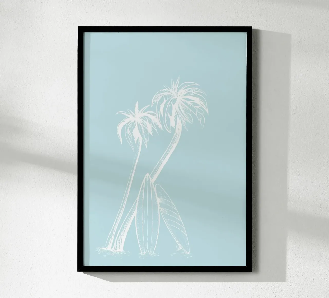 Surf e palme Vintage Line Art Poster blu poster con telaio in legno da dawnthesea